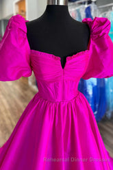 Square Neck Fuchsia Puff Sleeves A-Line Semi Formal Prom Dress